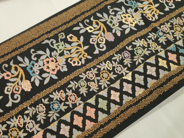 平和屋着物●つけ帯 市楽織 草花間道 黒地 金糸 正絹 逸品 CABI7372dy