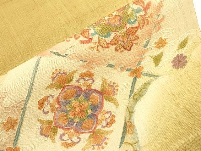 平和屋着物●中国三大刺繍 スワトウ刺繍 総刺繍 つけ帯 紬地 草花文 正絹 逸品 CABI7373dy