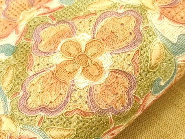 平和屋着物●中国三大刺繍 スワトウ刺繍 総刺繍 つけ帯 紬地 草花文 正絹 逸品 CABI7373dy