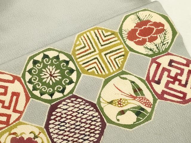 平和屋着物●九寸名古屋帯 型染め 幾何学花文 鬼しぼ縮緬 正絹 逸品 CABI7388dy
