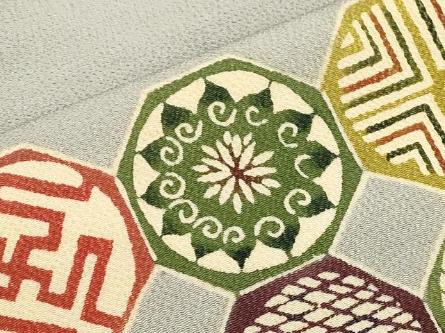 平和屋着物●九寸名古屋帯 型染め 幾何学花文 鬼しぼ縮緬 正絹 逸品 CABI7388dy