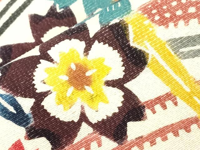 平和屋着物●九寸名古屋帯 紬地 型染め 草花文 正絹 逸品 CABI7391dy