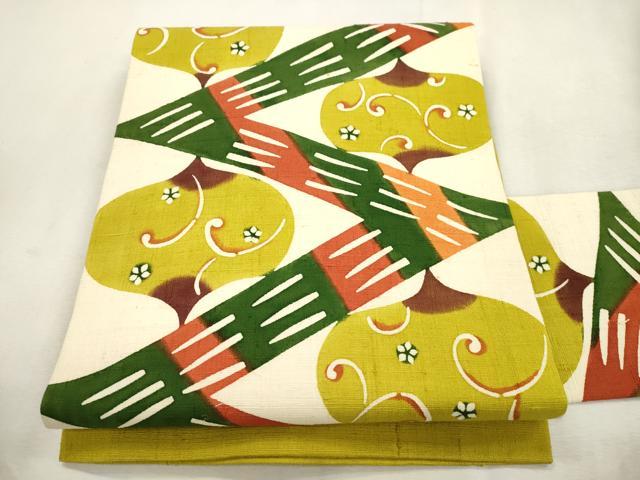 平和屋着物●九寸名古屋帯 作家物 生つむぎ 型染め 幾何学花文 逸品 CABI7394dy