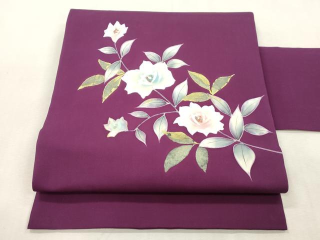 平和屋着物●塩瀬 九寸名古屋帯 手描き 薔薇 金彩 正絹 逸品 CABI7402dy