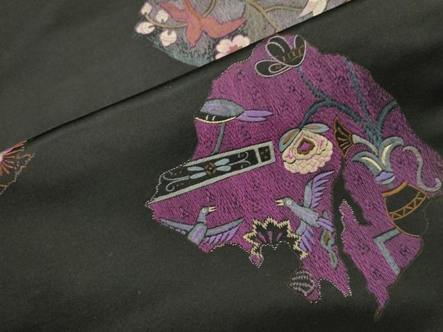 平和屋着物●アンティーク 大正ロマン 九寸名古屋帯 総刺繍 花鳥文 黒地 正絹 逸品 CABI7421dy