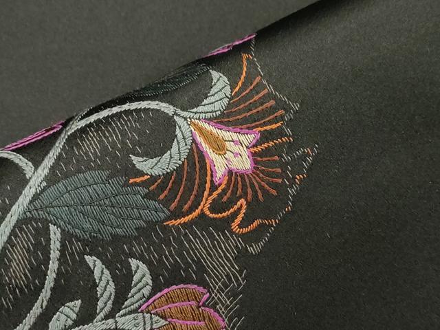 平和屋着物●アンティーク 大正ロマン 九寸名古屋帯 総刺繍 花鳥文 黒地 正絹 逸品 CABI7421dy