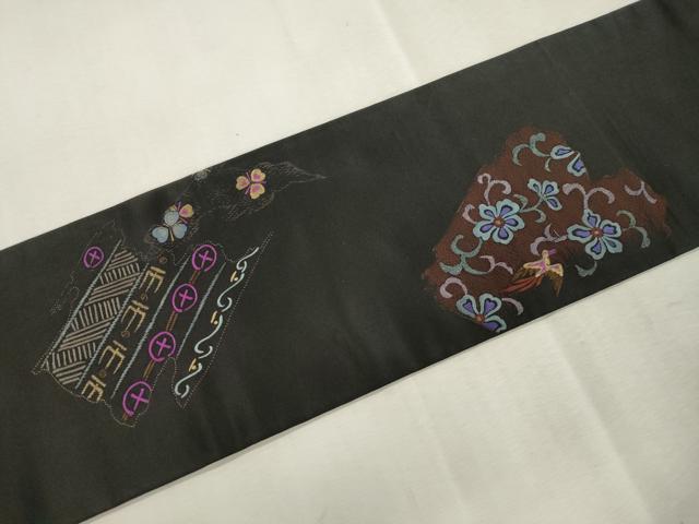 平和屋着物●アンティーク 大正ロマン 九寸名古屋帯 総刺繍 花鳥文 黒地 正絹 逸品 CABI7421dy