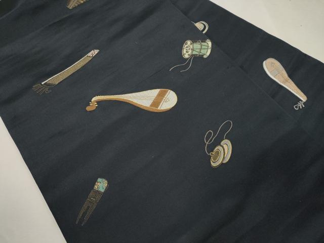 平和屋着物●アンティーク 大正ロマン 九寸名古屋帯 総刺繍 楽器文 金糸 正絹 逸品 CABI7422dy