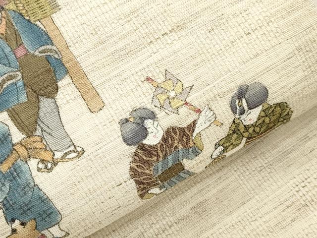 平和屋着物*夏物 九寸名古屋帯 手描き 人物文 麻 逸品 未使用 CABI7425dy
