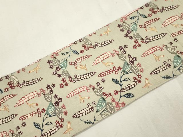 平和屋着物●九寸名古屋帯 紬地 型染め 草花文 正絹 逸品 CABI7441dy