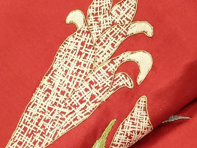 平和屋着物●アンティーク 大正ロマン 九寸名古屋帯 総手刺繍 百合 正絹 逸品 CABI7448dy