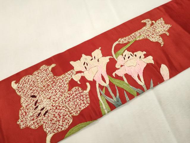 平和屋着物●アンティーク 大正ロマン 九寸名古屋帯 総手刺繍 百合 正絹 逸品 CABI7448dy