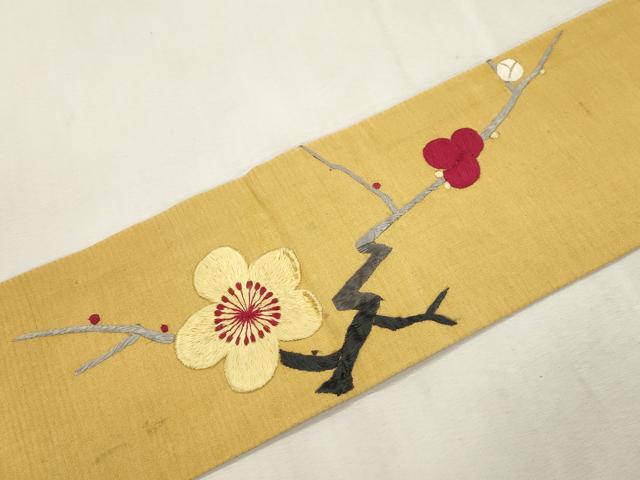 平和屋着物●アンティーク 大正ロマン 九寸名古屋帯 総手刺繍 枝梅文 正絹 逸品 CABI7457dy