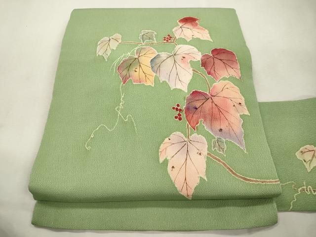 平和屋着物●九寸名古屋帯 手描き 葡萄蔦の葉文 鬼しぼ縮緬 正絹 逸品 CABI7464dy