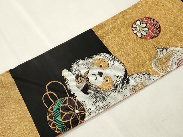平和屋着物●アンティーク 大正ロマン 九寸名古屋帯 狆 金糸 正絹 逸品 CABI7468dy