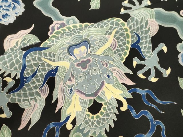 平和屋着物●アンティーク 大正ロマン 全通柄九寸名古屋帯 引き抜き帯 竜 草花文 黒地 正絹 逸品 CABI7469dy