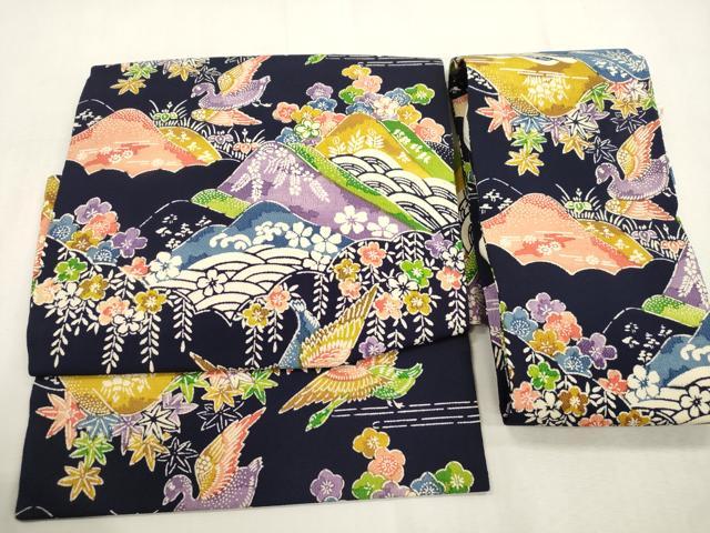 平和屋着物●つけ帯 型染め 風景鳥文 鬼しぼ縮緬 正絹 逸品 CABI7476dy
