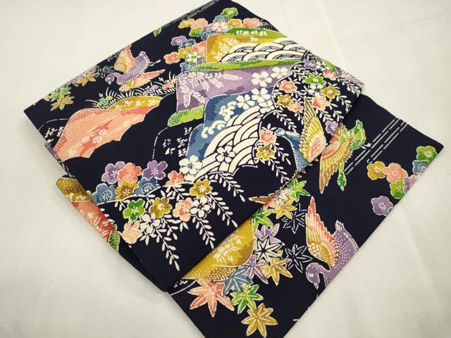 平和屋着物●つけ帯 型染め 風景鳥文 鬼しぼ縮緬 正絹 逸品 CABI7476dy