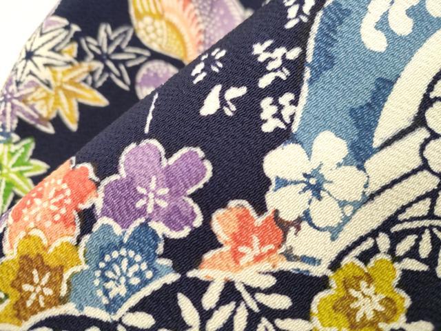 平和屋着物●つけ帯 型染め 風景鳥文 鬼しぼ縮緬 正絹 逸品 CABI7476dy