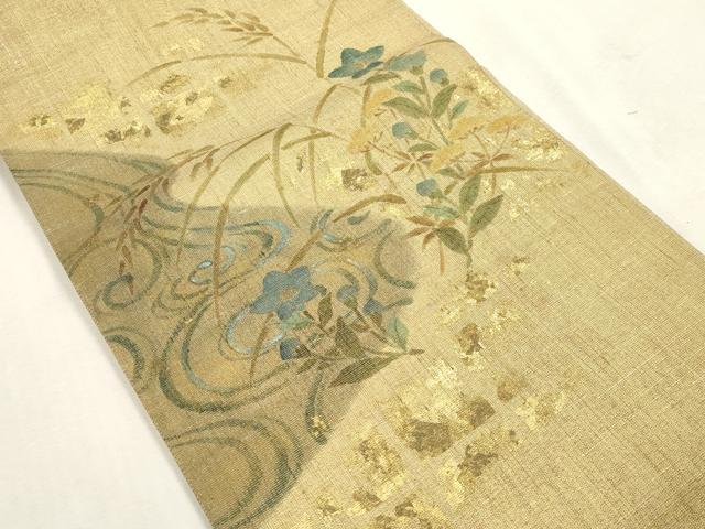 平和屋着物●つけ帯 手描き 紬地 草花文 金彩 正絹 逸品 CABI7478dy