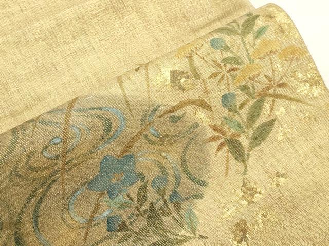 平和屋着物●つけ帯 手描き 紬地 草花文 金彩 正絹 逸品 CABI7478dy