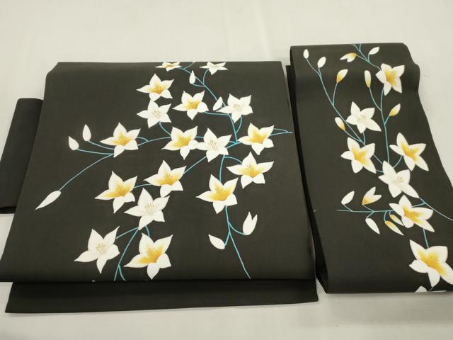平和屋着物●塩瀬 つけ帯 草花文 黒地 金彩 正絹 逸品 CABI7479dy