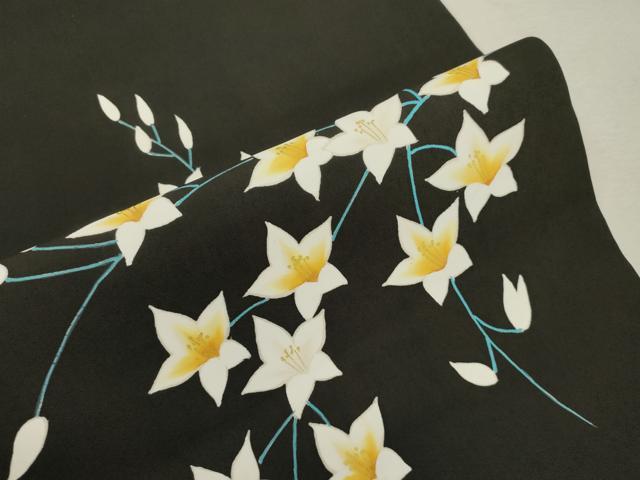 平和屋着物●塩瀬 つけ帯 草花文 黒地 金彩 正絹 逸品 CABI7479dy
