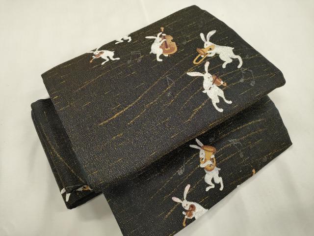 平和屋着物●ワンタッチつけ帯 兎 楽器文 黒地 金糸 やまと誂製 正絹 逸品 CABI7481dy
