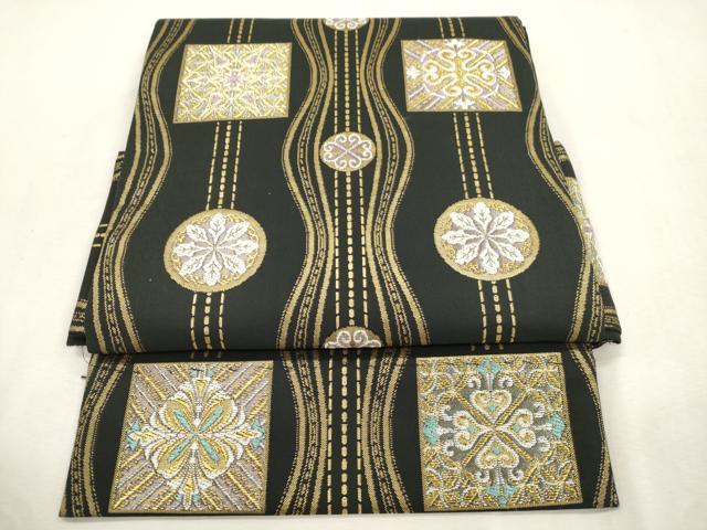 平和屋着物●つけ帯 幾何学花文 黒地 金糸 正絹 逸品 CABI7482dy