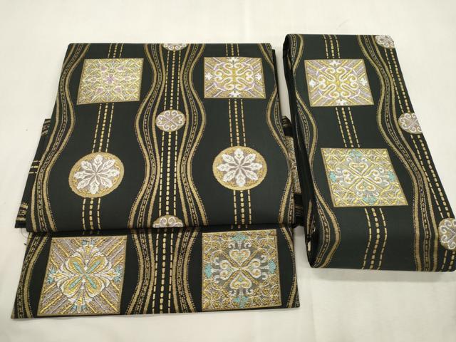 平和屋着物●つけ帯 幾何学花文 黒地 金糸 正絹 逸品 CABI7482dy