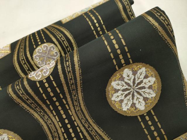 平和屋着物●つけ帯 幾何学花文 黒地 金糸 正絹 逸品 CABI7482dy