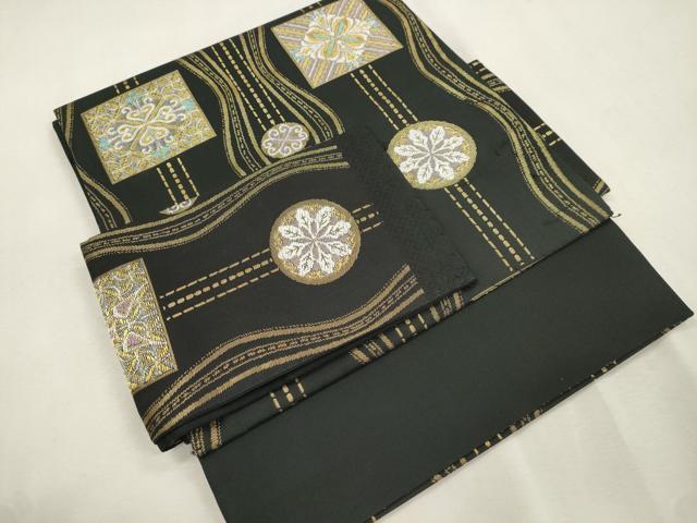 平和屋着物●つけ帯 幾何学花文 黒地 金糸 正絹 逸品 CABI7482dy
