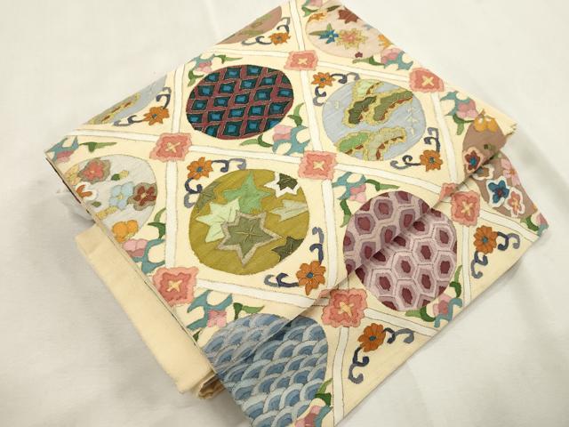 平和屋着物●明綴れ ワンタッチつけ帯 菱草花丸文 金糸 正絹 逸品 CABI7483dy