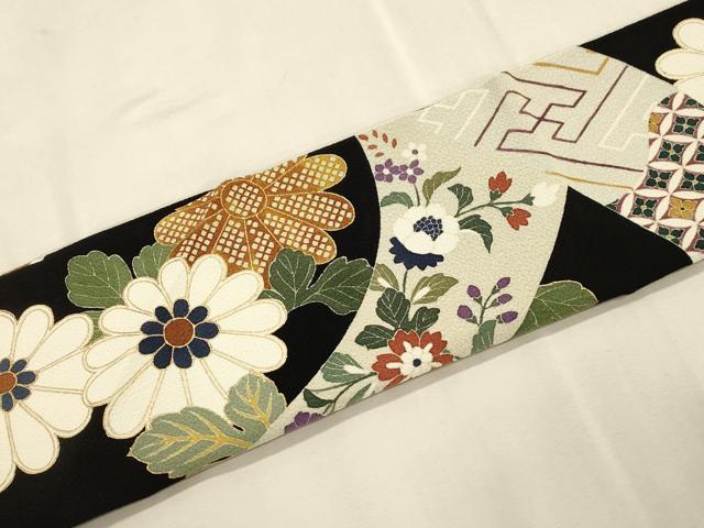 平和屋着物●つけ帯 草花文 黒地 金彩 鬼しぼ縮緬 正絹 逸品 CABI7486dy