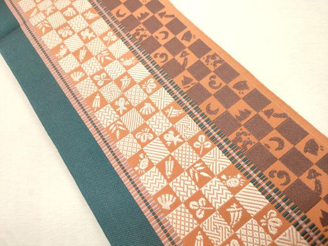 平和屋着物●本場筑前博多織 半幅帯 市松間道 正絹 逸品 CABI7526dy