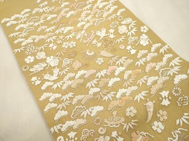 平和屋着物▽中国三大刺繍 相良刺繍 総刺繍 袋帯 スリーシーズン 春夏秋 松竹梅宝尽くし文 正絹 逸品 CABI7537dy