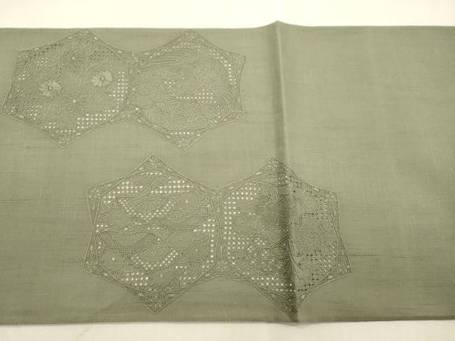 平和屋着物●中国三大刺繍 スワトウ刺繍 相良刺繍 総刺繍 太鼓柄袋帯 紬地 中国伝統工芸 花鳥丸文 鶸茶色 正絹 逸品 CABI7544dy
