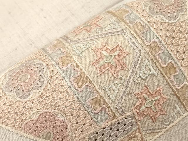 平和屋着物●中国三大刺繍 スワトウ刺繍 総刺繍 太鼓柄袋帯 紬地 幾何学花文 正絹 逸品 CABI7549dy