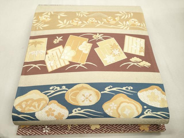 平和屋着物●両方向 全通柄袋帯 横段宝尽くし文 金糸 さが美扱い 正絹 逸品 CABI7567dy