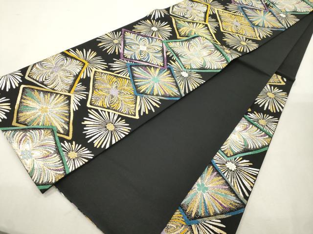 平和屋着物●六通柄袋帯 彩 菱花文 黒地 金銀糸 正絹 逸品 CABI7572dy