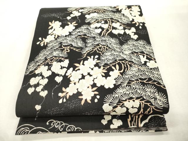 平和屋着物●両面 全通柄袋帯 立波草花文 黒地 正絹 逸品 未使用 CABI7580dy