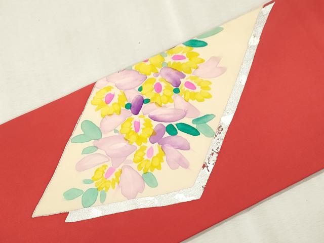 平和屋着物●塩瀬 九寸名古屋帯 手描き 草花文 銀彩 正絹 逸品 CABI7599dy