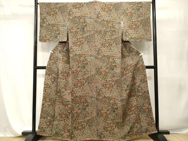 平和屋着物■上質な小紋 切嵌更紗花文 古代エジプト壁画文様 鬼しぼ縮緬 正絹 逸品 CABI7611ev