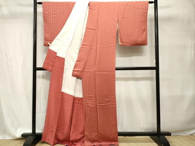 平和屋着物■上質な色無地 市松花地紋 甚三紅色 正絹 逸品 CABI7711ev