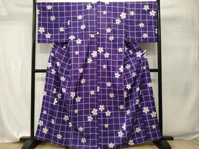 平和屋着物■小紋 格子舞桜文 背抜き仕立て 洗える着物 CABI7813ev