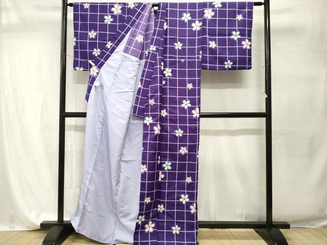 平和屋着物■小紋 格子舞桜文 背抜き仕立て 洗える着物 CABI7813ev