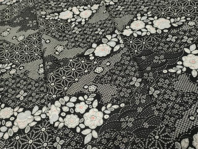 平和屋着物■小紋 辻が花 黒地 洗える着物 CABI7916ev