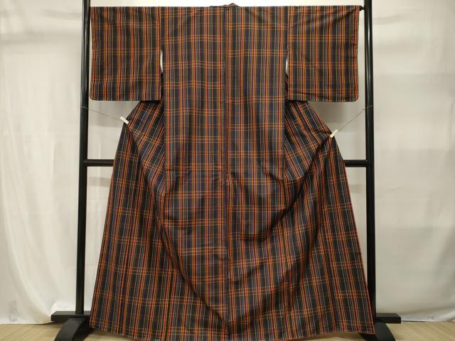 平和屋着物■本場縞大島紬 格子柄 正絹 逸品 CABI7925ev