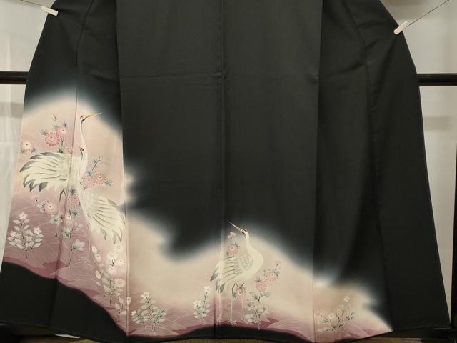 平和屋着物■豪華黒留袖 流水群鶴花文 暈し染め 正絹 逸品 CABI7933ev