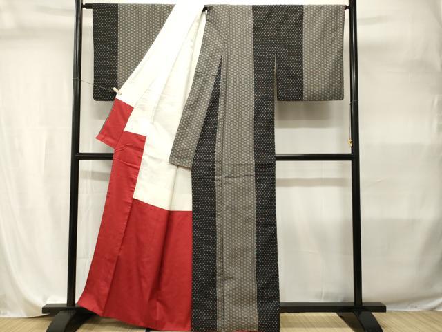平和屋着物■上質な小紋 紬 麻の葉間道 黒地 正絹 逸品 CABI7950ev